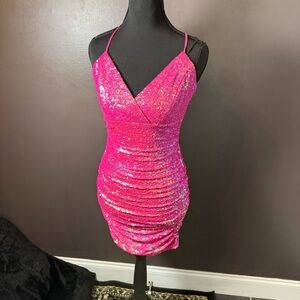 Hot Pink Sequin Ruched Mini Dress Criss Cross Back Party Dress Small